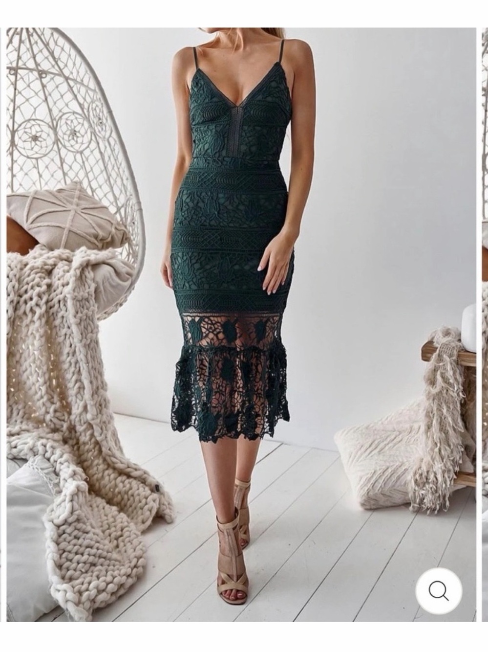 Lace V-Neck Midi Dress in Dark Green